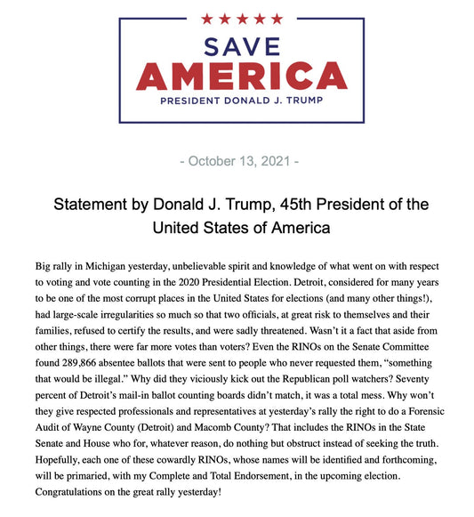 President Trump's Congratulatory Announcement on Lansing, MI Rally